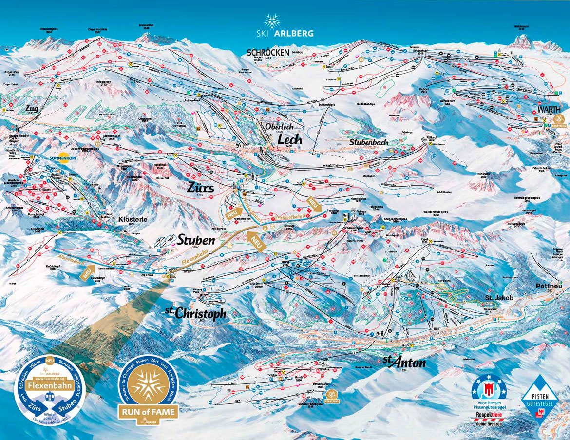 Das Skigebiet Arlberg in Österreich in der Gesamtansicht mit allen Orten
